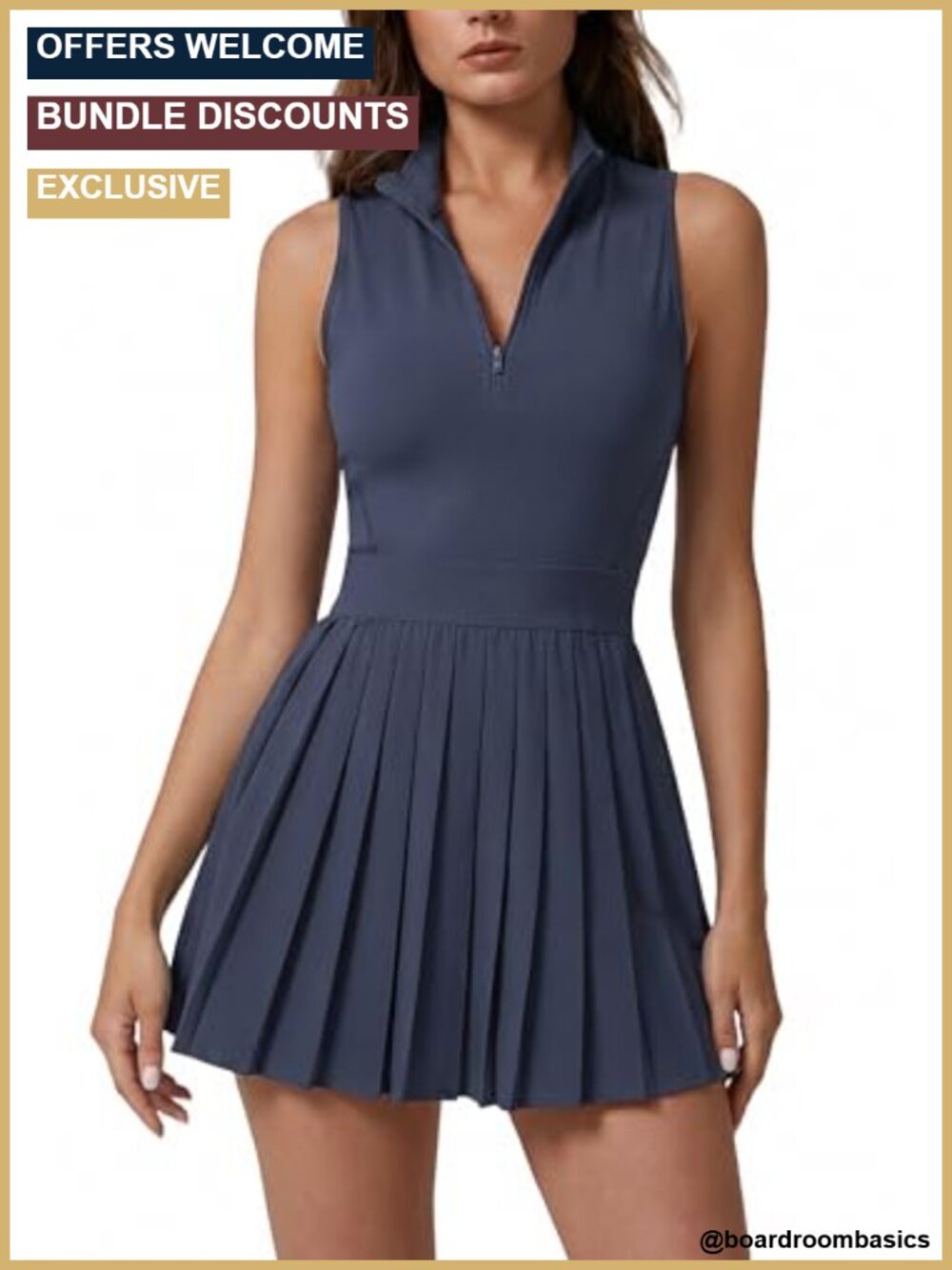 Women's Zip Front Tennis Dress Pleated Sleeveless with Pockets